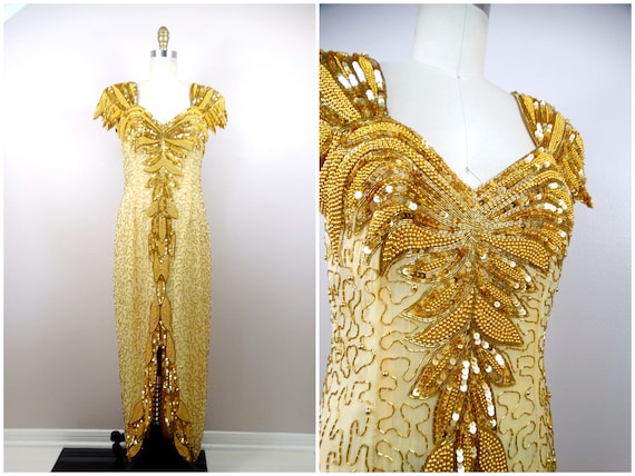 Art Deco Gold Sequin Dress / Vintage Beaded Gown - Etsy