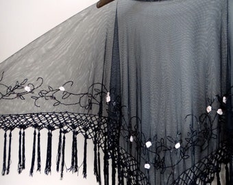 Fabric Roses Fringe Embellished Sheer Poncho // Boho Romance