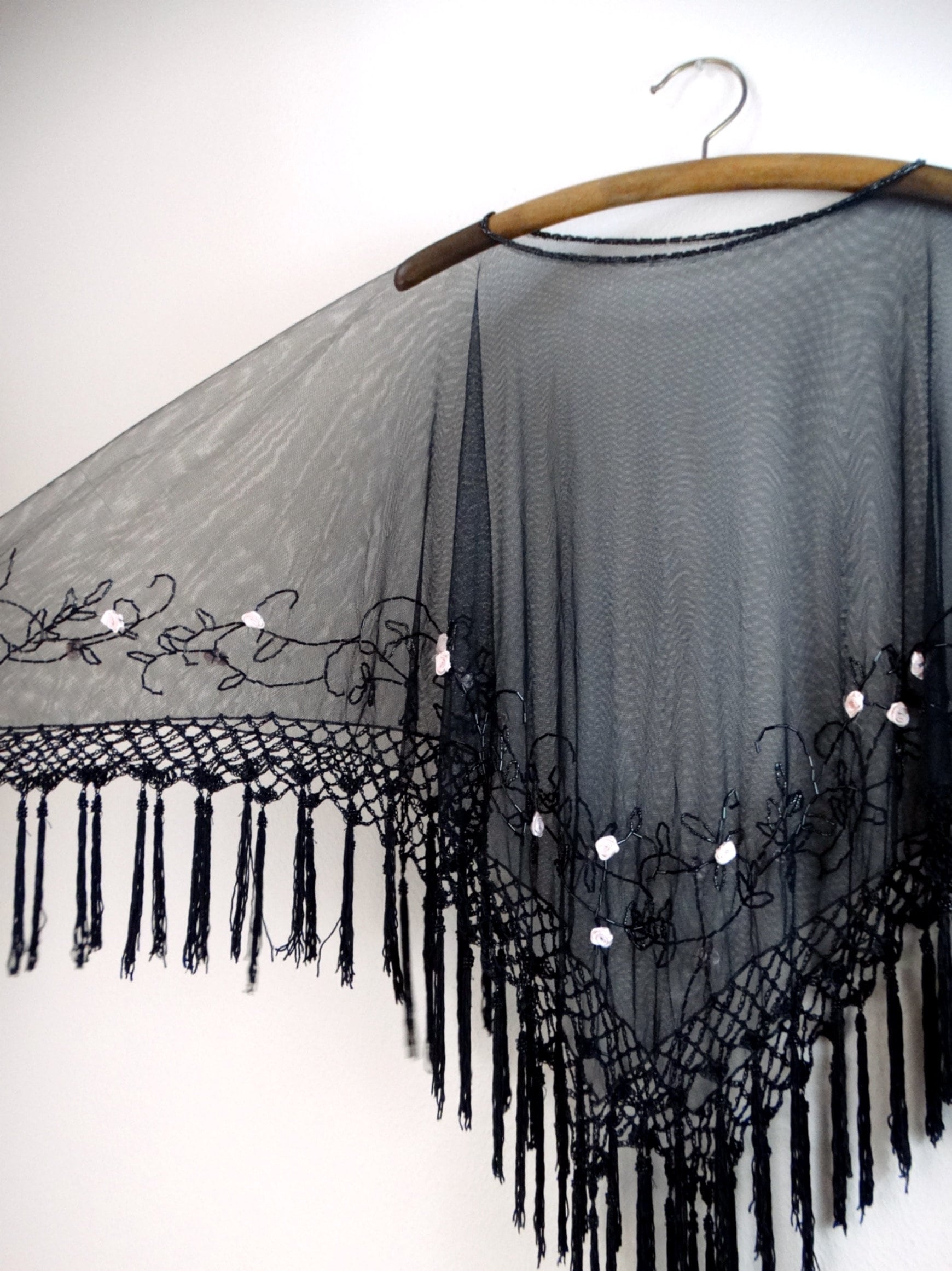 Fabric Roses Fringe Embellished Sheer Poncho // Boho Romance