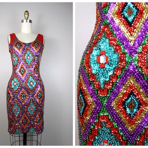 Diamond Jewel Beaded Sequin Party Mini Dress / Harlequin Embellished Stretchy Bodycon Dress