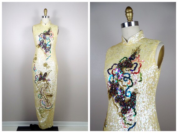 Vtg Oriental Fully Sequined Dress / Mandarin Cheon