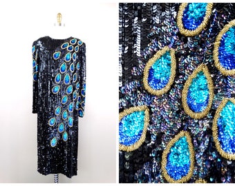 Plus Size Heavily Beaded Sequined Dress / Art Deco Peacock Dress / Plus Size Vintage Trophy Dress 1X 2X