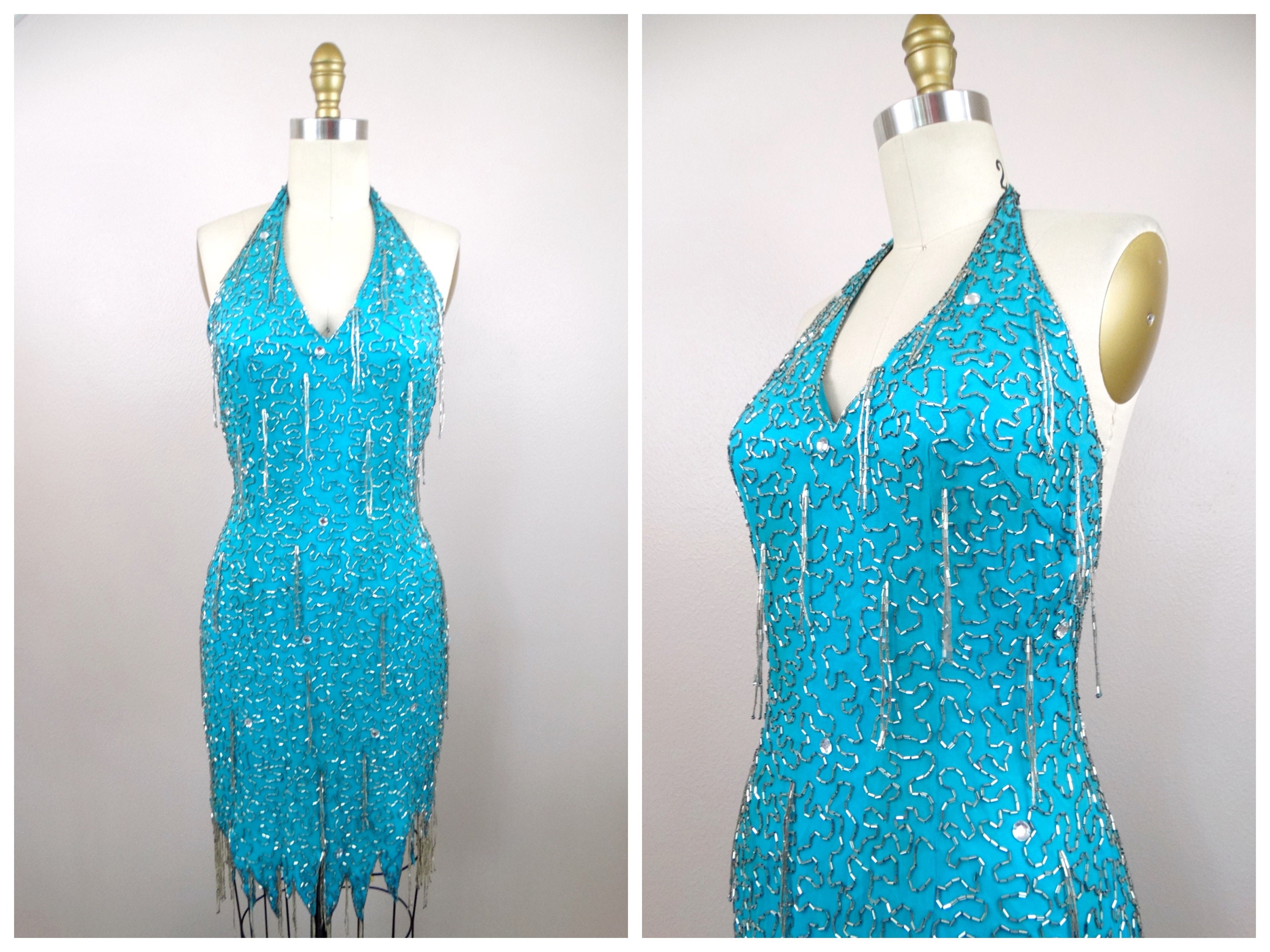 XS/S Bright Blue Beaded Fringe Mini Dress / Aqua Sequined Tassel Backless Halter Dress XS/S Bright Blue Beaded Fringe Mini Dress / Aqua Sequined Tassel Backless Halter Dress