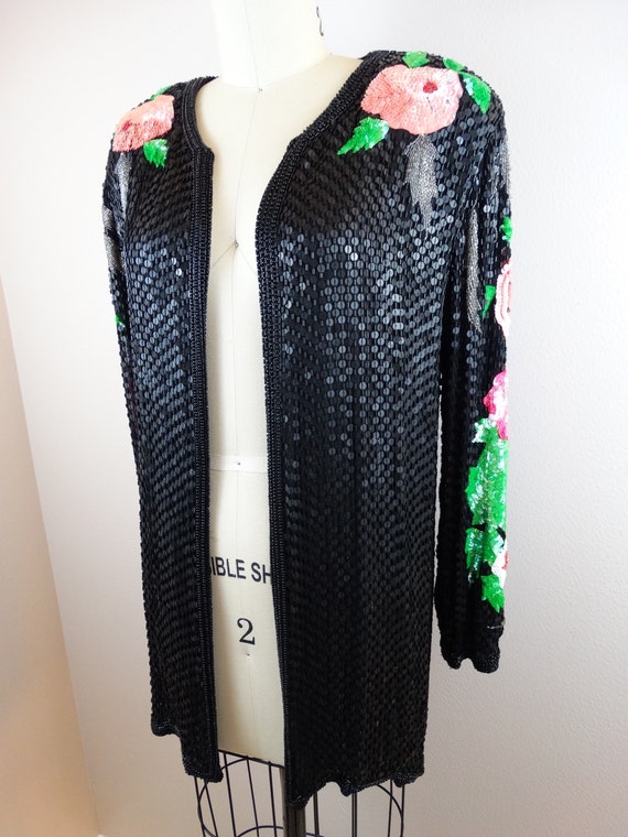 M/L Elegant Sequin Floral Sheer Silk Cardigan / H… - image 3