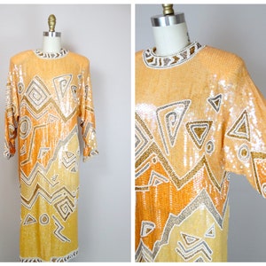 70s Couture Pastel Sequined Pearl Beaded Gown // Orange and Yellow Sequin Embellished High Neck Dolman Dress