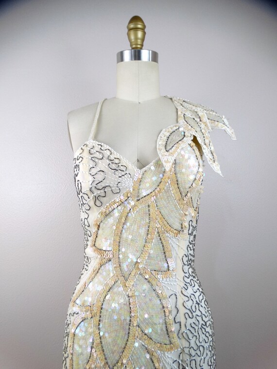 VTG Ivory Sequined Gown / Iridescent White and Si… - image 3