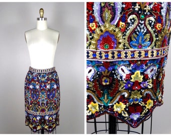 RARE Haute Couture Designer Bejeweled Rhinestone Skirt // Vintage Sequin Jewel Beaded Ornate Skirt