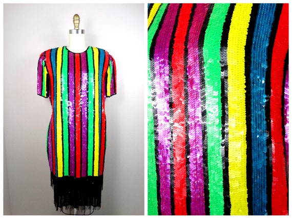 L/XL Neon Striped Sequin Dress // Bright Stripe Sequi… - Gem