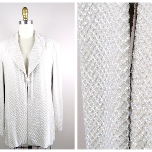 HEAVY Iridescent Beaded Cream Silk Blazer Coat // Heavily Embellished Double Breasted Taupe Evening Jacket