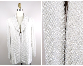 HEAVY Iridescent Beaded Cream Silk Blazer Coat // Heavily Embellished Double Breasted Taupe Evening Jacket