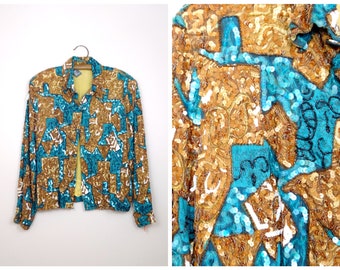 M/L Retro Sequin Moto Jacket // Teal Green and Gold Sequined Jacket // Vintage Sequin Bomber Jacket