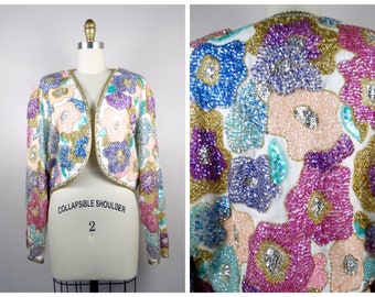 DAZZLING Iridescent Sequined Bolero // STUNNING Handmade Vintage Pastel Floral Blazer / Heavily Beaded Sequin Trophy Jacket