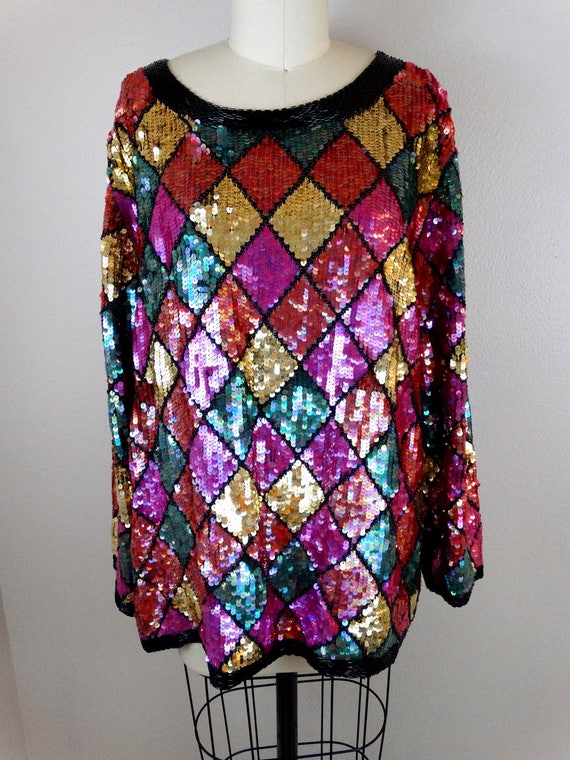 Plus Size Argyle Sequin Top // Bright Pink Red Gr… - image 3