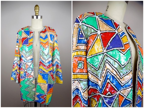 RARE Glam Sequin Beaded Jacket / Bright Color Block G… - Gem
