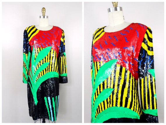 EXOTIC Abstract Sequined Dress / Bright Neon Palm… - image 6
