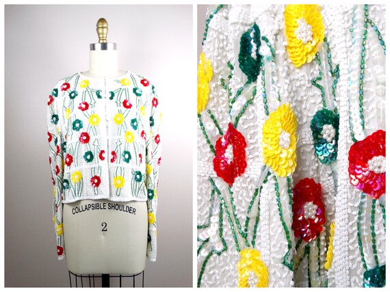 M/L Vtg White Beaded Floral Sequined Jacket / Brig
