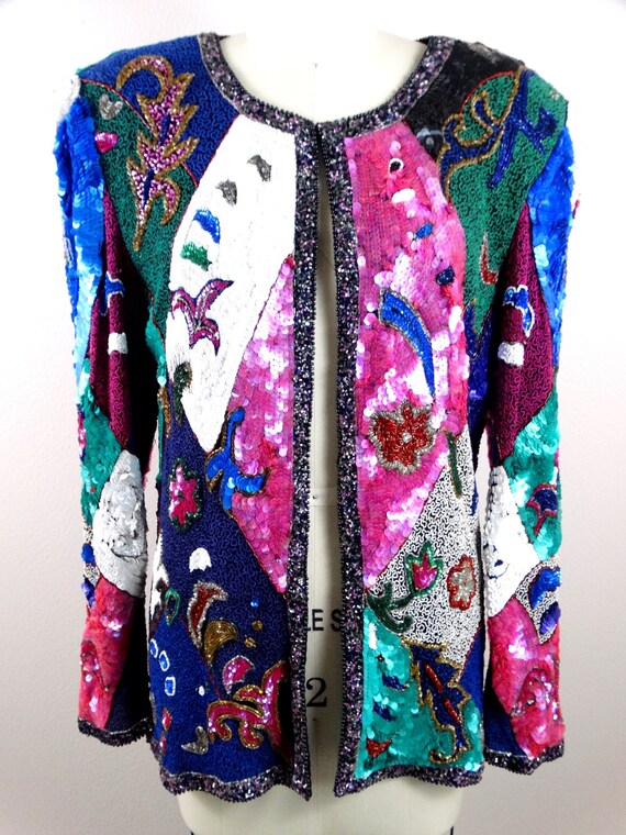 S/M Color Block Patchwork Sequin Jacket // Funky … - image 2