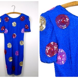 90s Retro Dots Sequin Dress / Blue Embellished Party Dress / Vintage Polka Dots Beaded Dress