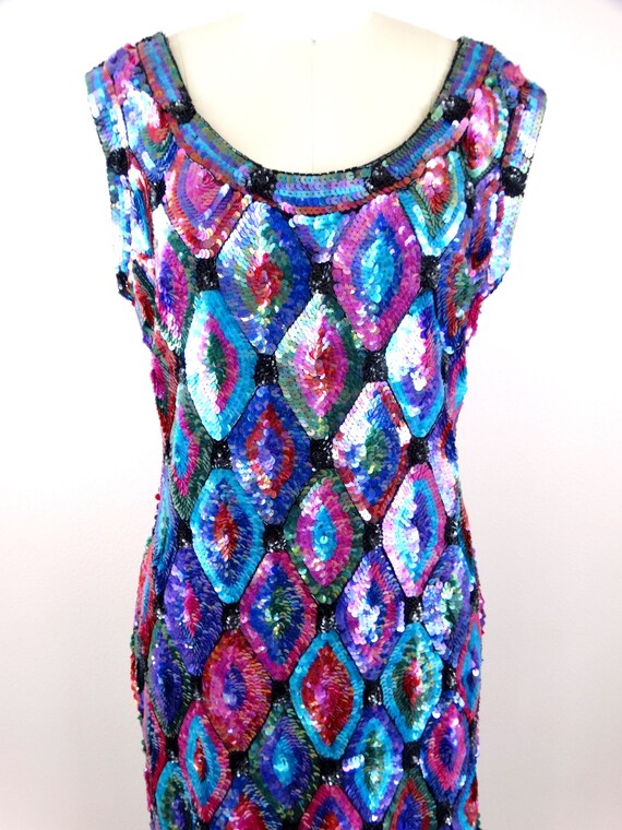 S/M Bright 1980s Sequin Dress / Pink Purple and B… - image 3