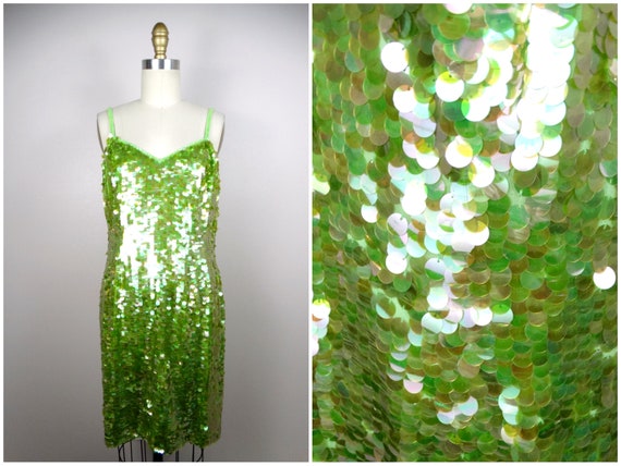 Lime Green Paillette Sequin Dress / Pastel Cockta… - image 1