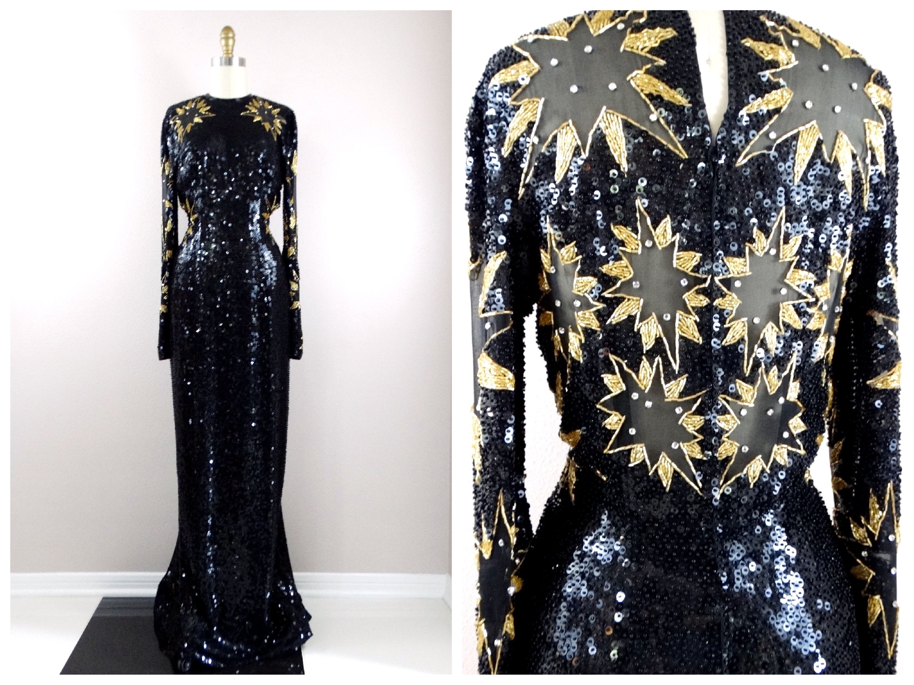 Stephen Yearick Beaded Gown/Rhinestone Crystal Embellished Dress Sheer Star Cut Outs Sequined Couture Evening Old Hollywood