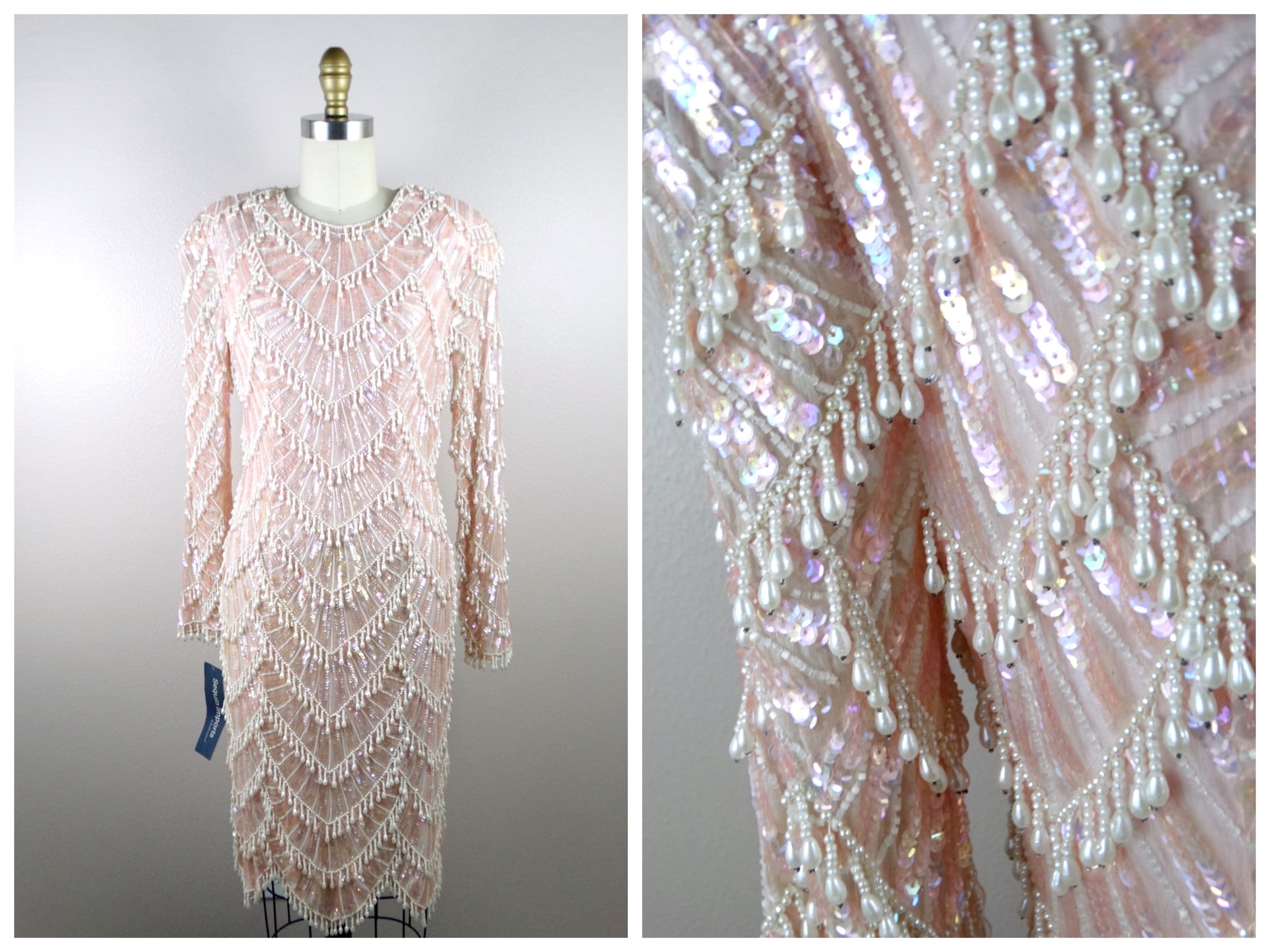 Teardrop Pearls Beaded Dress / Pink Sequin Pearl Beaded Heavily Embellished Dress