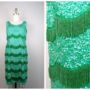 60s Couture Beaded Fringe Emerald Sequin Dress // Heavily Embellished Kelly Green Sequined Wiggle Dress by Alexander&#39;s Boutique