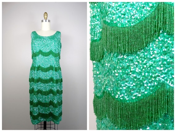 60s Couture Beaded Fringe Emerald Sequin Dress // Heavily Embellished Kelly  Green Sequined Wiggle Dress by Alexander's Boutique - Etsy