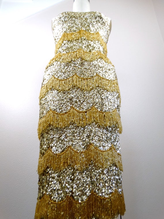 50s Bombshell Sequined Fringe Beaded Dress / 1950… - image 4