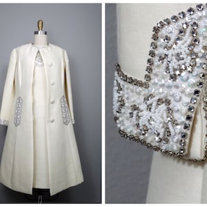 50s 60s Crystal Princess Dress + Coat by Seaton Enterprises in British Crown Colony / Swarovski Jewel Embellished Ivory Dress and Jacket