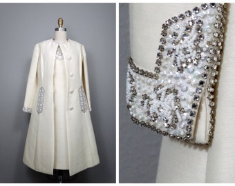 50s 60s Crystal Princess Dress + Coat by Seaton Enterprises in British Crown Colony / Swarovski Jewel Embellished Ivory Dress and Jacket