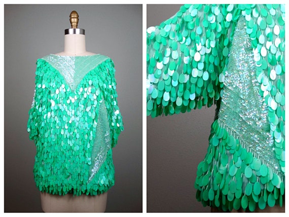 S M Iridescent Mint Green Sequin Blouse All Over Fringe Sequined Seafoam Paillette Embellished Top by Oleg Cassini Size Small S Etsy UK