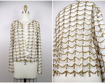 RARE Gold Beaded Fringe Lace Bolero Cardigan by Saks Fifth Ave / HEAVY Tassel Beading Couture Dressy Glam Bridal Jacket