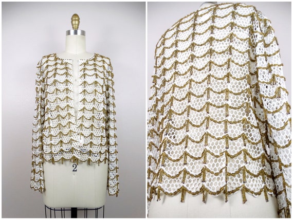 RARE Gold Beaded Fringe Lace Bolero Cardigan by S… - image 1