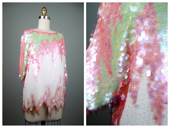 M/L Pastel Paillette Sequin Top // Pink and Clear 