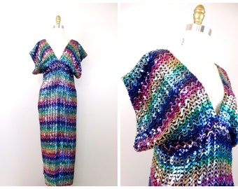 70s Ombré Rainbow Sequin Gown // Bright Vintage Sequin Maxi Dress // Zig Zag Chevron Design Colorful Sequined Dress