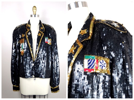 Military Style Sequin Jacket // 80s Star Bomber J… - image 6