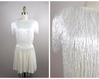 RARE Fringed Beading Dress / White Beaded Dress / Glass Beaded Mini Dress / Cream Chiffon Fringe Dress