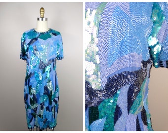 HEAVY Fully Beaded Sequin Dress // Heavily Embellished Glam Dress // Periwinkle Blue Purple and Iridescent Green Sequined Vintage Dress