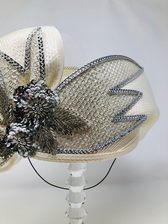 Vintage Beaded Sequined Church Hat / White Beaded… - image 2