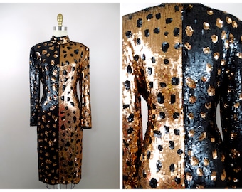 80s 90s Cheetah Print Sequin Dress / 1980's 1990's Wild Spotted Animal Dress
