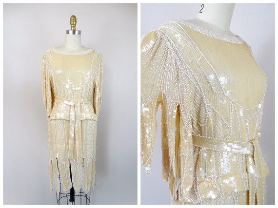 70s Hand Beaded Pearl Fringe Dress w/ Belt // Vin… - image 2