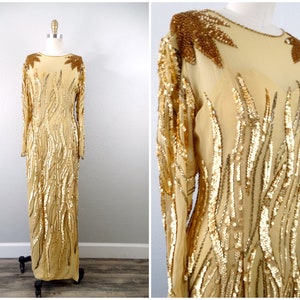 Designer Gold Sequin Dress // Art Deco Vintage Beaded Gown