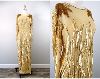 gold sequin dress modcloth Designer / Art Deco Vintage Beaded Gown RUFFLE