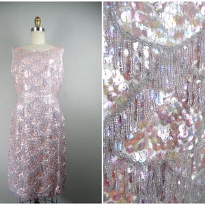 50s 60s Fringe Beaded Blush Pink Sequin Dress / Iridescent Embellished Beaded Dress / 1950&#39;s 1960&#39;s Pastel Cashmere Cocktail Dress