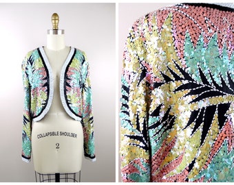 Exotic Sequin Embellished Jacket // Tropical Island Palm Leaves Sequined Beaded Bolero • Braxae Vintage Co.