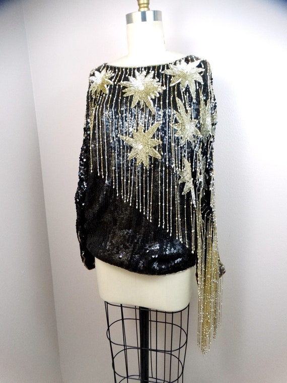 Vintage Beaded Sequin Fringe Top, Gold Embellished Sleeve - Etsy display picture 1