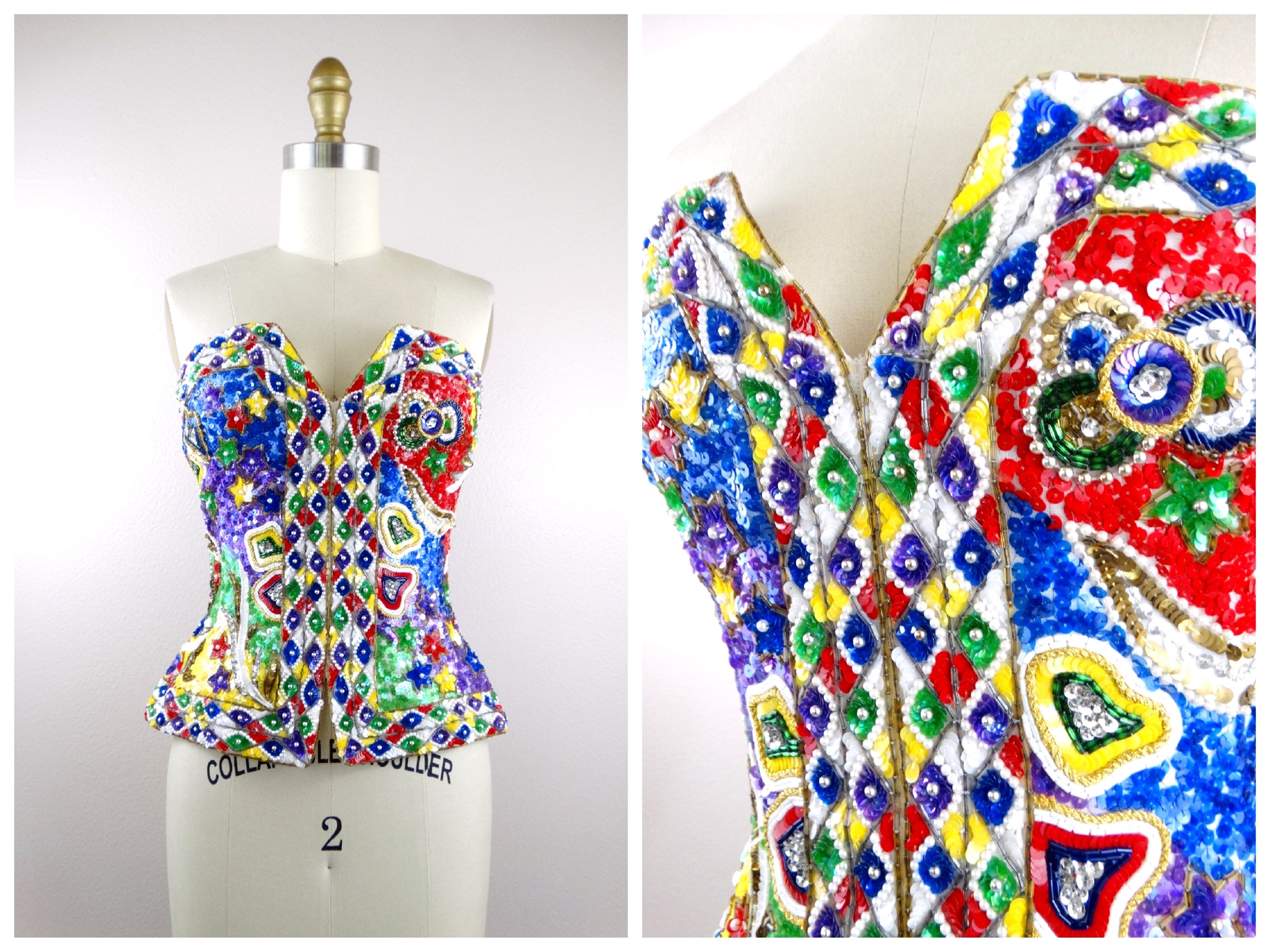 Whimsical Beaded Sequin Bustier / Colorful Corset Top