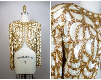 80s Couture Beaded Sequin Bolero Shrug // Iridescent Ivory and Rose Gold Fully Sequined Cropped Jacket L Large