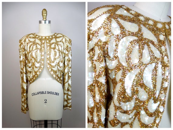 80s Couture Beaded Sequin Bolero Shrug // Iridesc… - image 1